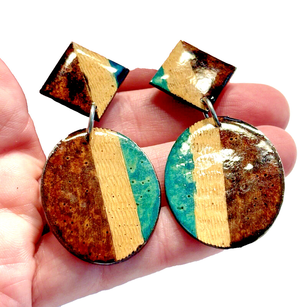 Vintage Wood Pierced Earrings Drop & Dangle Wooden Lacquer Brown Yellow Green
